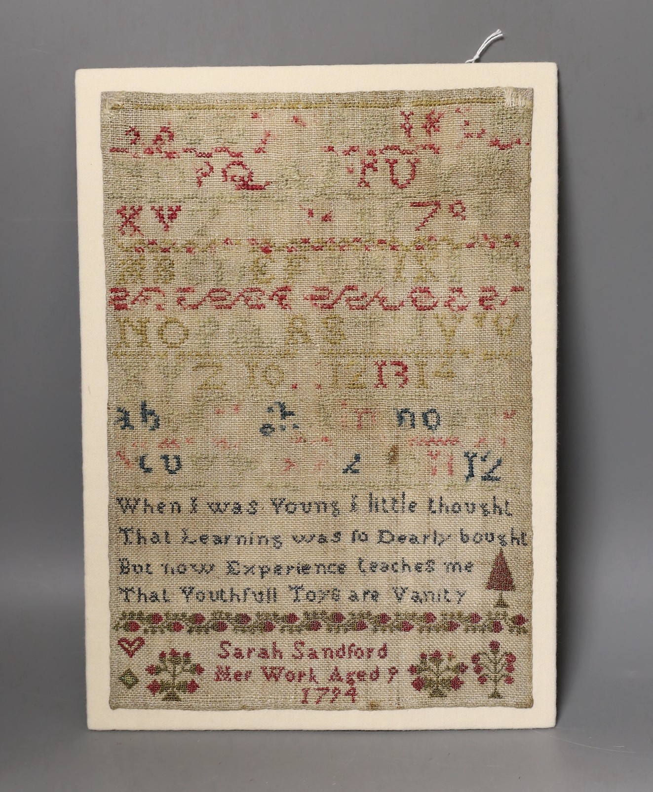 A late 18th century sampler, 31x21cm